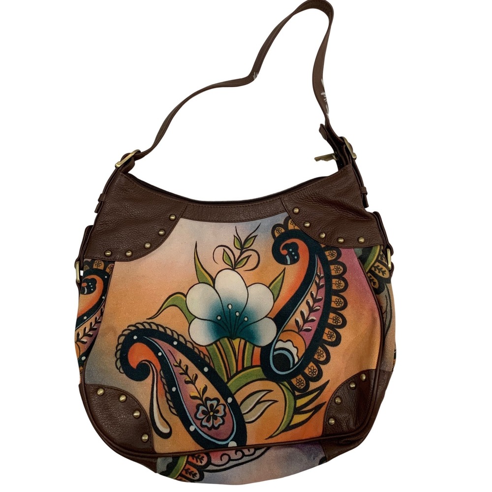 Anuschka Hobo Bag Medium Brown Floral Paisley Excellent